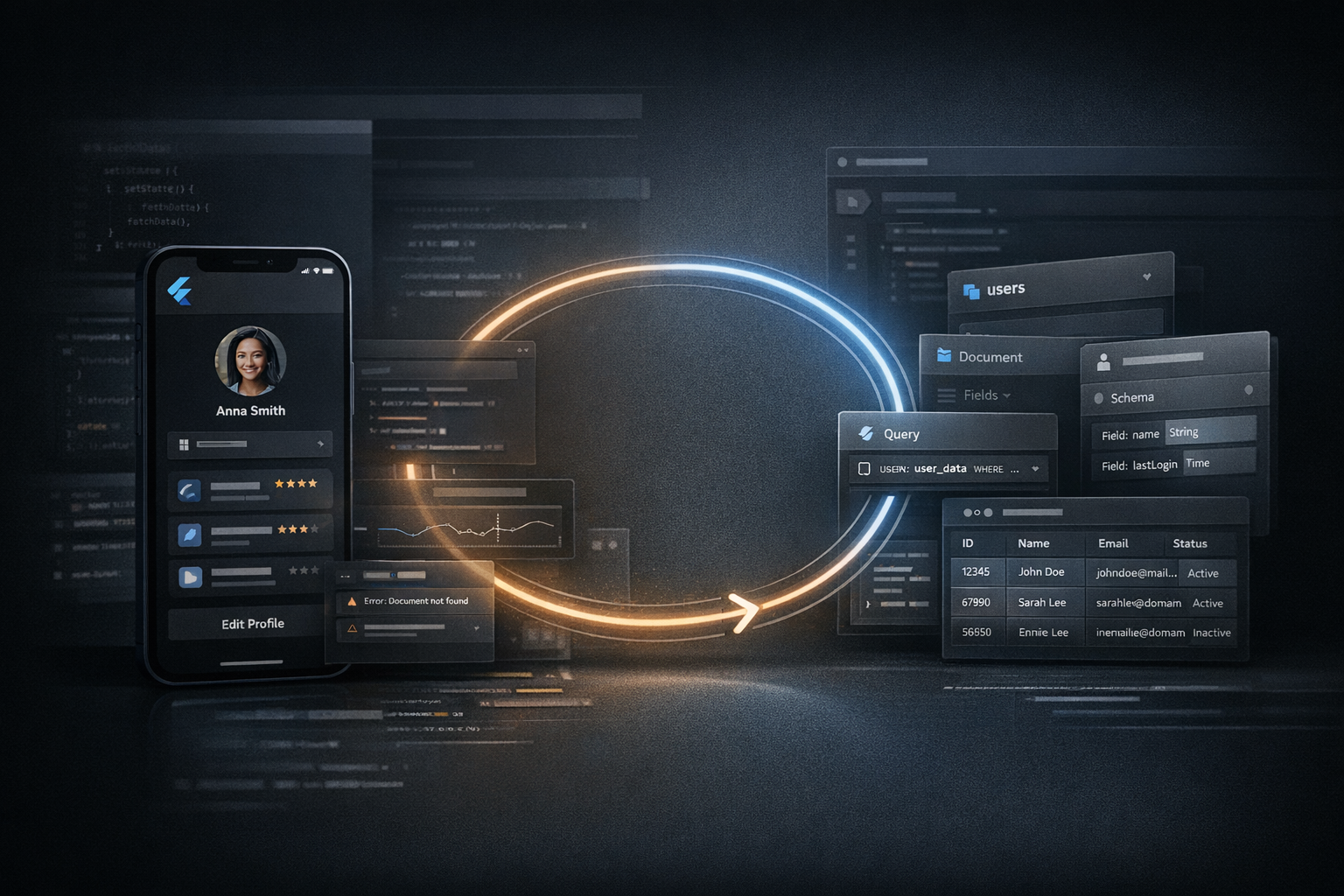 Editorial cover showing a Flutter UI, Firestore records and a debugging workflow connected in one technical loop