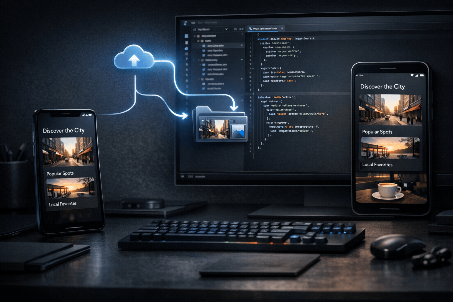 Editorial illustration of a smartphone capture becoming a repository asset beside Flutter code and a live preview.