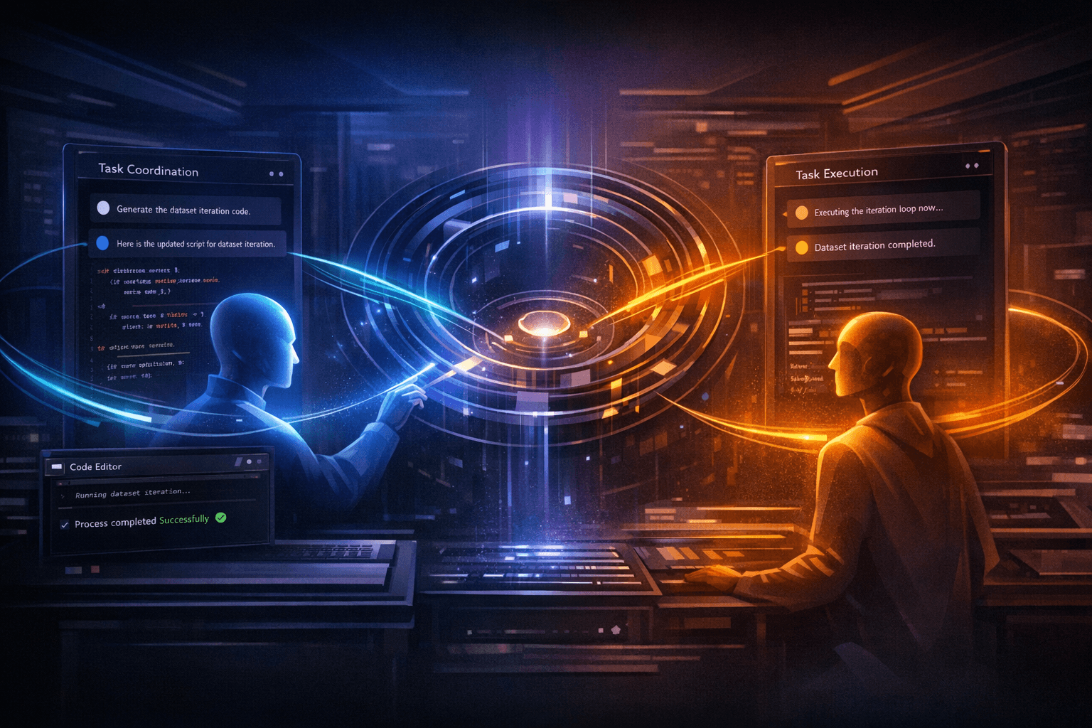 Editorial illustration of a cross-model developer workflow with Gemini coordinating Claude through an orchestration layer, connected panels and coding tools in a dark Nic Hyper Flow interface.