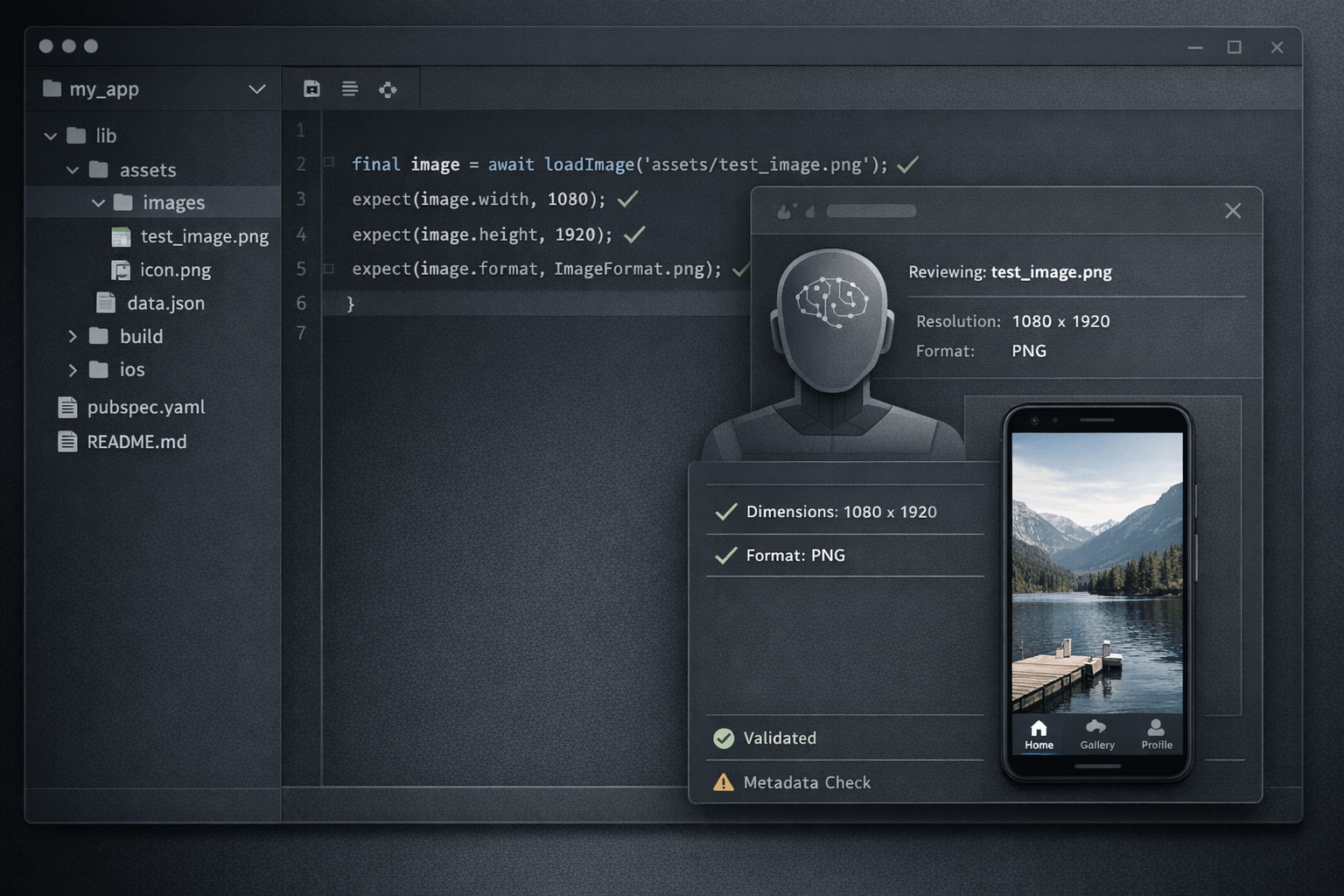 Repository asset review workflow showing an AI agent inspecting a saved image file and validating dimensions and format in a Nic Hyper Flow interface