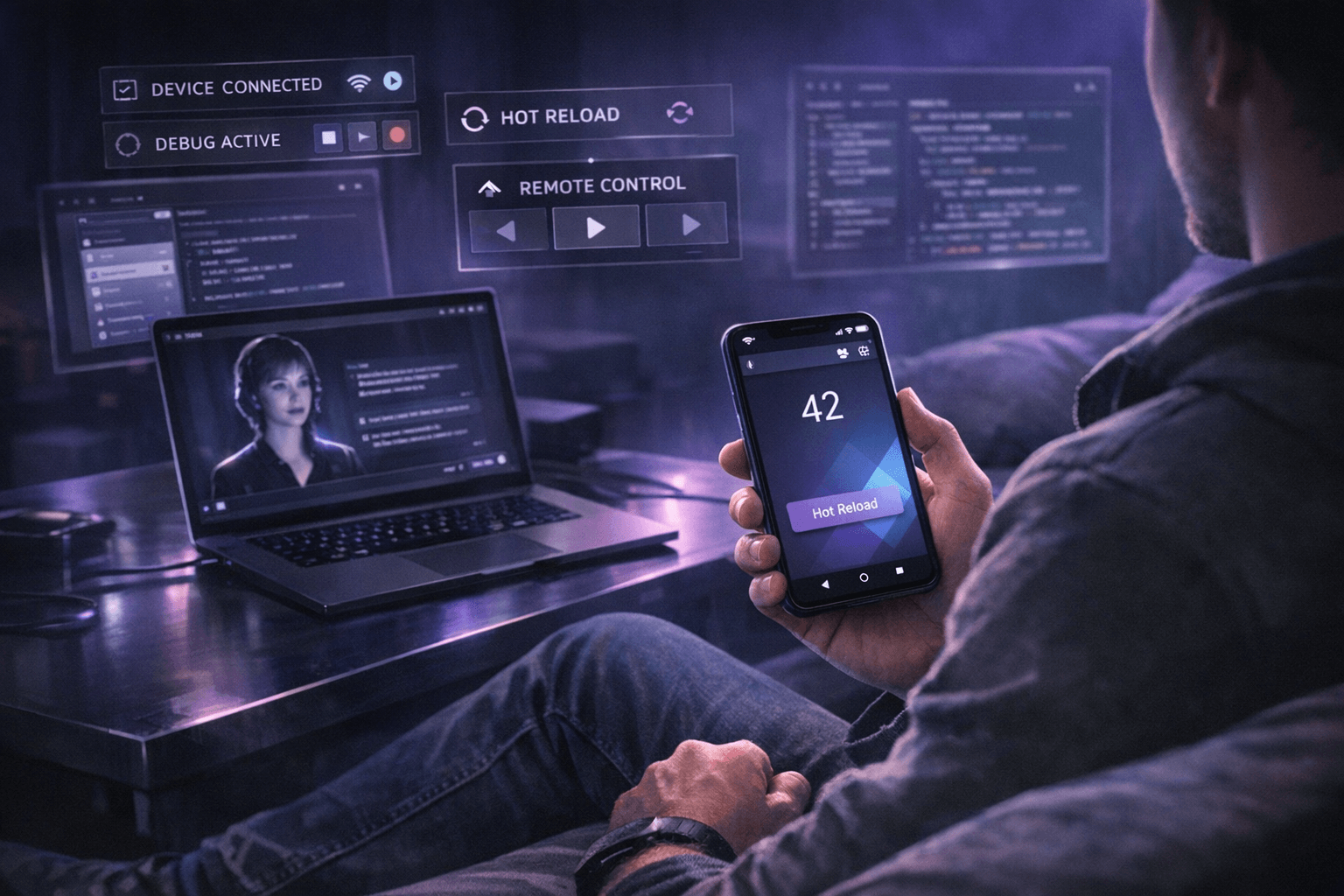 Developer on a sofa controlling a Flutter debugging workflow from a smartphone over Wi-Fi, with an agent session and hot reload cues on a nearby laptop