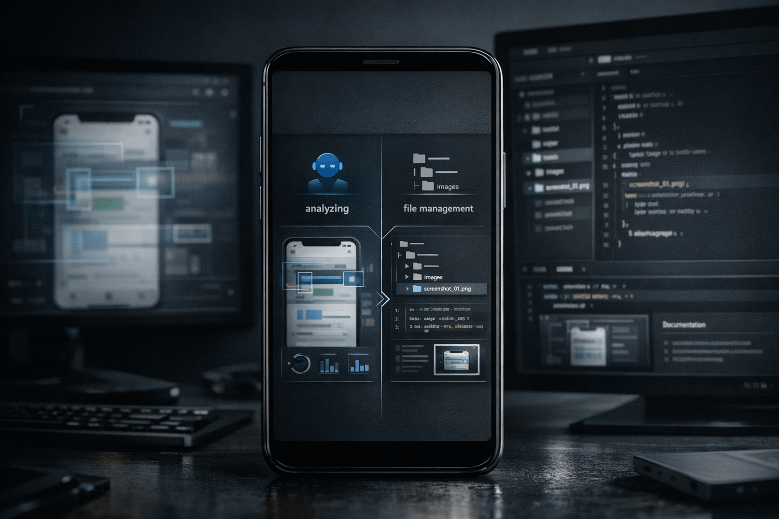 Smartphone upload flow branching between temporary agent analysis and saving a screenshot as a repository asset in Nic Hyper Flow