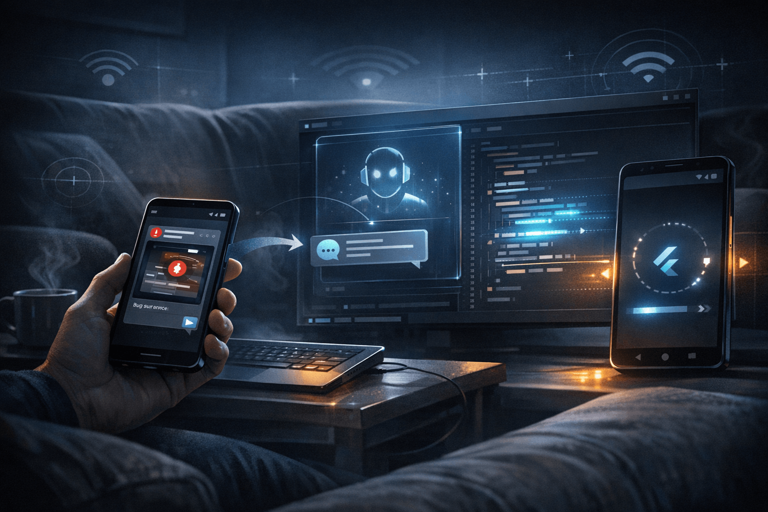 Editorial illustration of a smartphone sending a bug screenshot to an AI agent, with code updates and a Flutter preview refreshing.